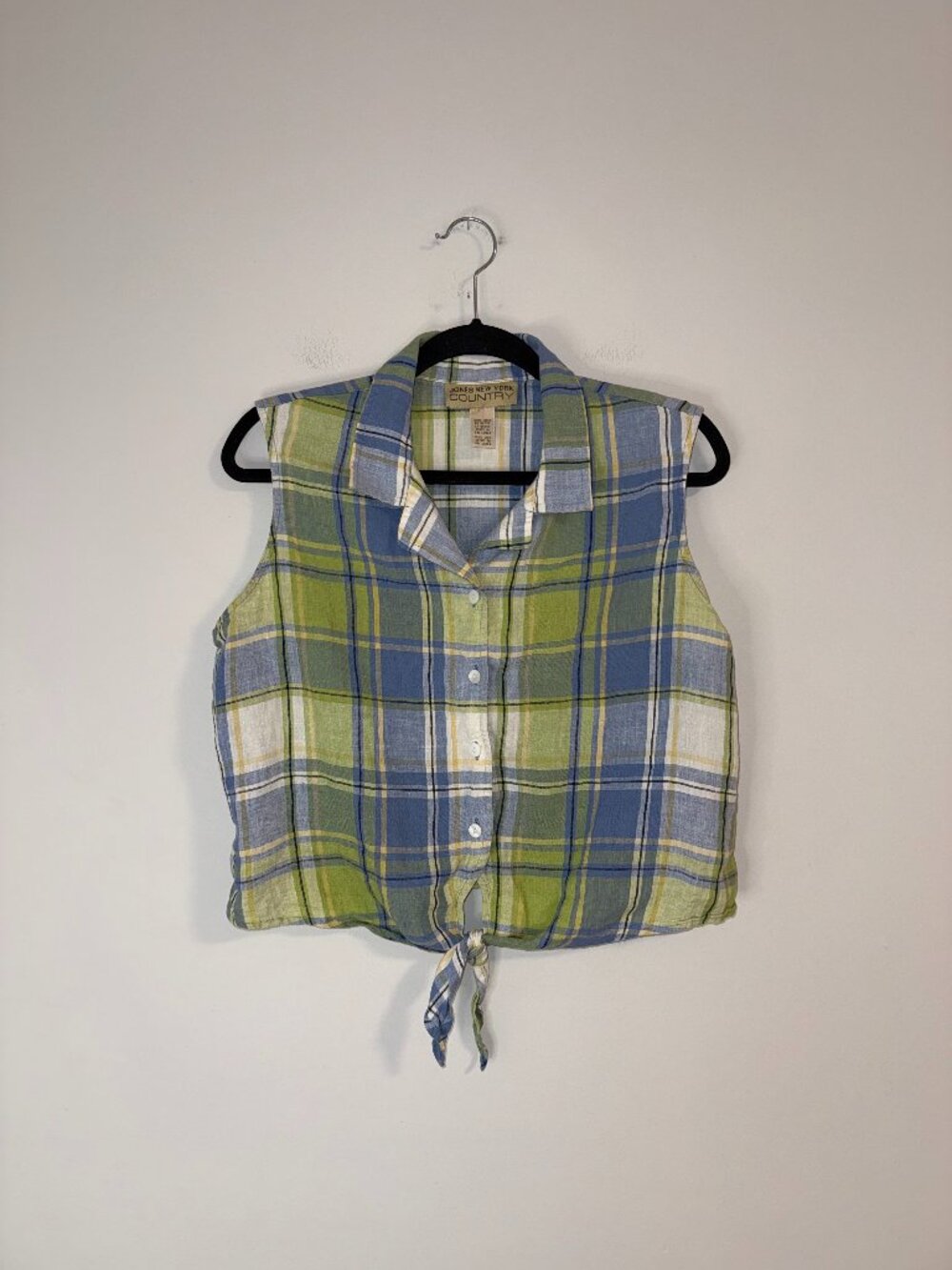 VTG 90s Jones New York Country Plaid Linen Button-Up Vest Top Tie Waist